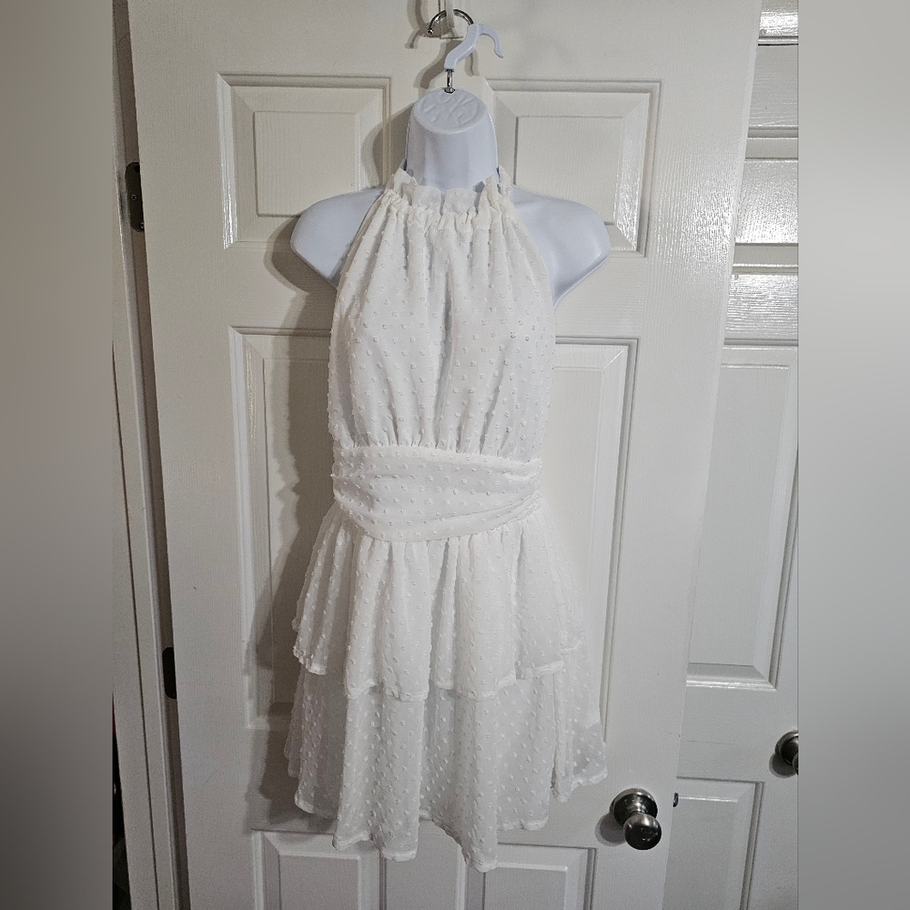 SHEIN White Halter Swiss Dot Tiered Ruffle Mini Dress Lined Womens Small US 4 - Picture 2 of 6